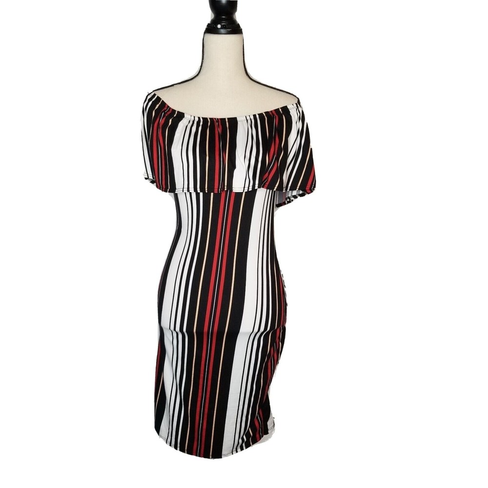 VTG TMG New York Technicolor Striped Midi off shoulder Stretch Size M Dress